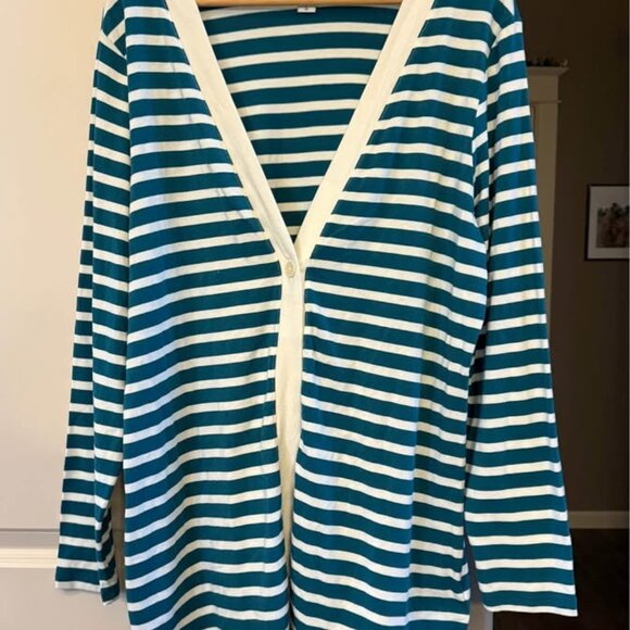 Women Striped Long Coldwater Creek‎ Teal and Ivory Cardigan Sweater-Size L (14) - Picture 8 of 8